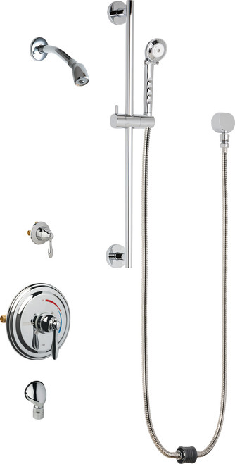 Chicago Faucets SH-TP5-22-021 Thermostatic/ Pressure Balancing Shower Fitting with Auto-Drain Hand Spray, and 24" Slide Bar