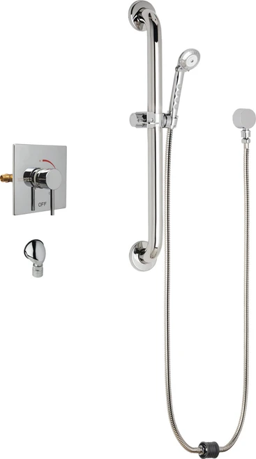 Chicago Faucets SH-TP6-00-023 Thermostatic/ Pressure Balancing Shower Fitting with Auto-Drain Hand Spray and 24" ADA Grab Bar