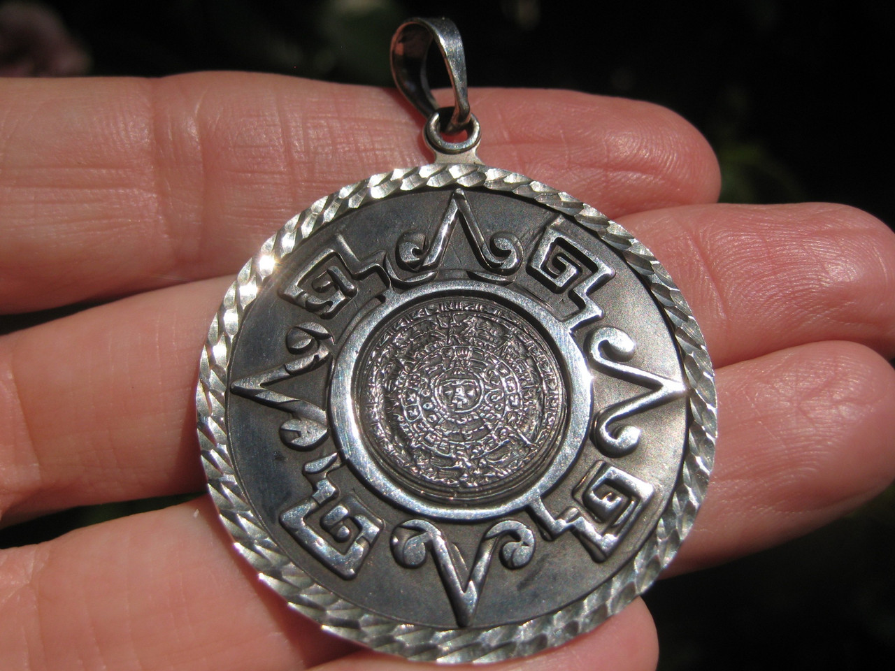 950 Silver Mayan Calendar Pendant Necklace Taxco Mexico A3732