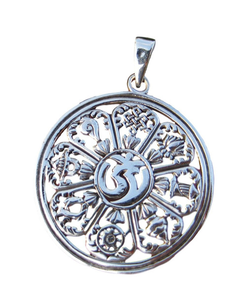 925 Silver Ohm 9 Spiritual Symbols Mandala Pendant Necklace