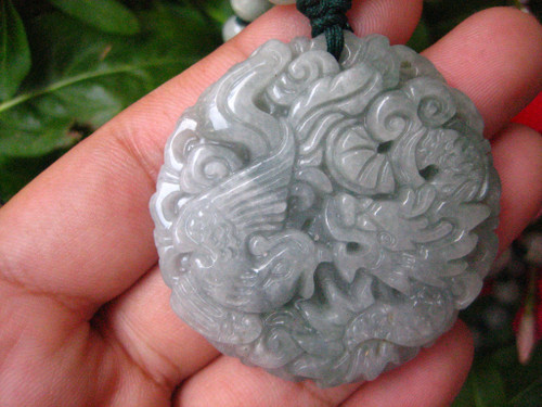 Natural Jadeite Jade Dragon Pendant Necklace Amulet Burmese Hand Made EB412