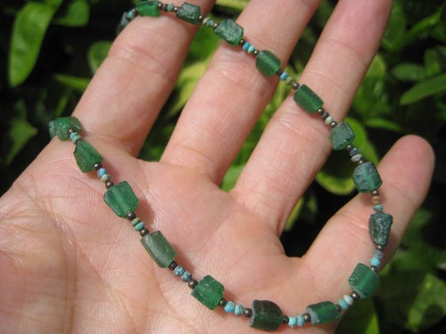 925 Silver Roman Glass Green old Antique Bead Necklace 1200 yrs A10