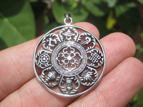 925 Silver Viswa Vajra Nine Spiritual Symbols Buddhist Pendant Necklace A15