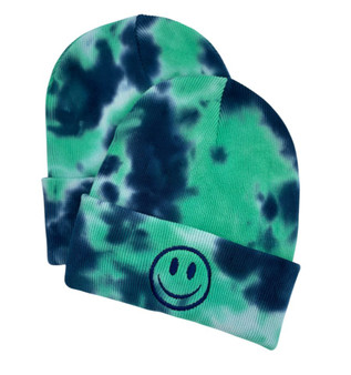 Green / Blue Tie Dye Smiley Face Beanie