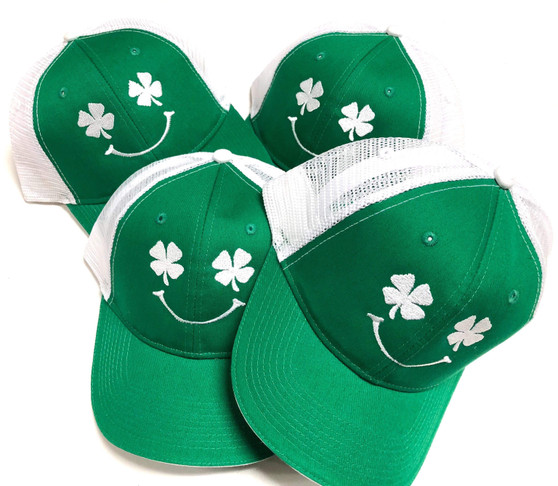 Smiley Shamrock on our Green/White Mesh Back Trucker Hat - Dad Hat