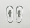 Crimp-On nose pad 19mm length in Tear-drop shape made from PVC with silver color metal insert.  The mount has two flat bars that can be bent to secure pad to nose pad arm.  This is pad was extensively used on older B & L frames.   Packaged in 10 pair bags