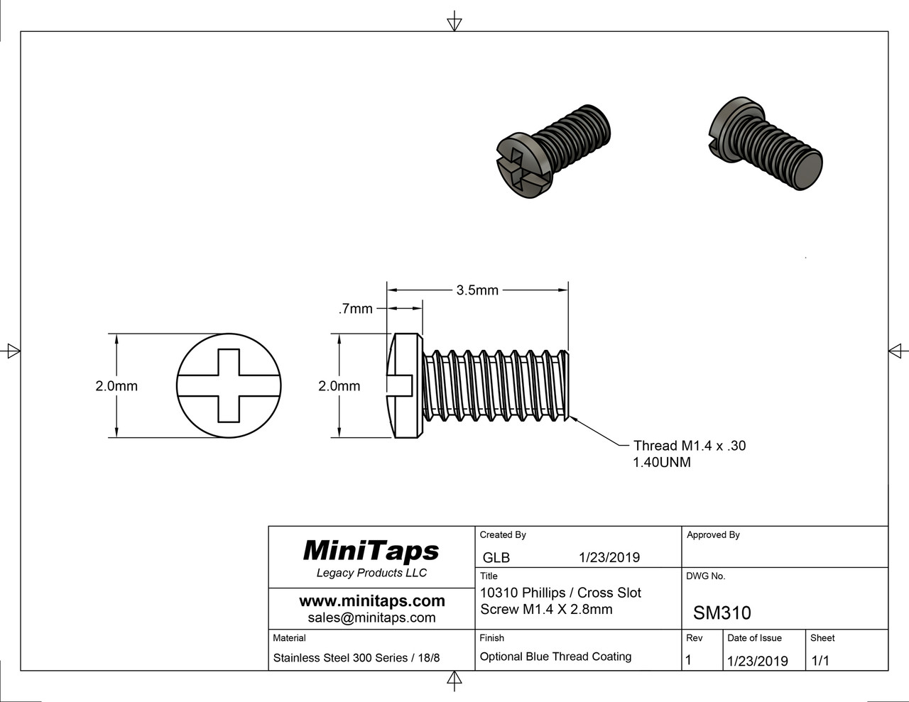 Eyewire Screw - Phillips; 1.4mm Thread, 2.0mm Head, 3.5mm Length