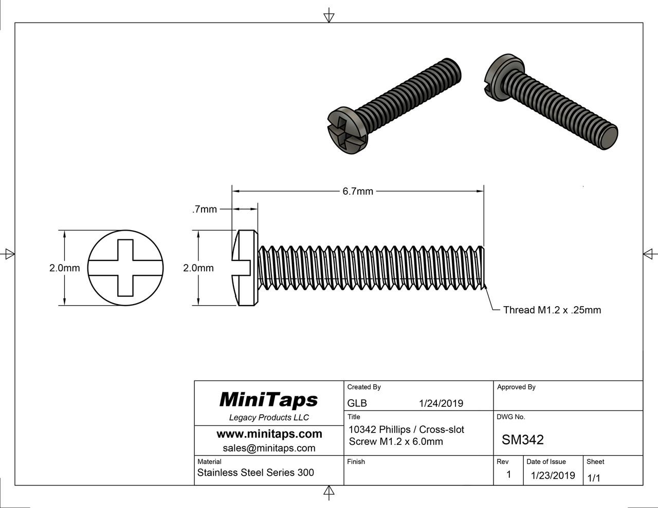 Screw small head Phillips; Thread M1.2 (1.2mm), 2.0mm Head, 6.7mm Length SS  coat