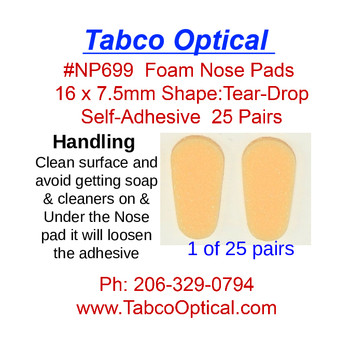 Soft Foam nose pads with self adhesive backing size: 16mm (5/8") long by 7.5mm (9/32") wide, color is Tan w/little pink.  Sold in 25 pair bags.
