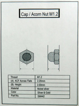 SM442 Rimless Nut Cap Internal thread is M1.2 color Silver, material is Nickel silver, a copper alloy the Hex measurement is 2.5mm a cross sold in  100 count