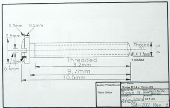 SM202 Replacement Hinge Screw; Thread 1.4 / M1.4, Head diameter is 2.4mm, Overall Length 10.5mm, Material is Stainless Steel #303 color  Silver Sold in 100 count vials.  This screw's thread is the most common eyewear screw thread it is long so it can be cut to length great for repairs or new applications.