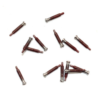 ST404 Self-Tapping Screw; 1.5mm Thread, 1.9mm Head, 9.6mm Length, Silver Finish
 Application: Select the screw size to match the thread of the screw to be replaced for example if the thread is M1.4, the most common size, use an M1.4 or M1.3 threaded screw, the screw tip should   go into the first two barrels of hinge then screw it in until the head is seated on top of the hinge.  The extra portion extending out the bottom of the hinge should be removed by either cutting off, recommended tools TS423 screw cutter, or hold the hinge with two fingers one on each side the of the hinge us a needle pliers or Gripper pliers, TS408, twist the extended portion back and forth until it breaks off just below the bottom thread if needed file smooth
Mix-N-Match Discount: Buy 3 or more vials of screws (fasteners) get 15% off buy 10 or more get 25% off 

