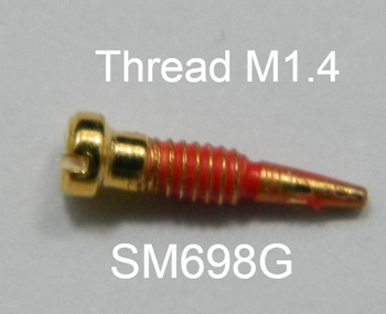 SM698 Self-Aligning Spring Hinge Screw; 1.4mm Thread, 2.0mm Head, break length 4.0mm overall 7.8mm Length, Stainless Steel color Gold coated thread $18.50 per 100
