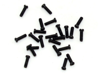 Screw small head – Phillips / X-Slotted; Thread M1.4 (1.4mm), Head 2.0mm diameter, Overall Length 5.0mm, Stainless Steel Black Finish, 100 count. This screw is typical on smaller frames also called “Eye wire” screws 