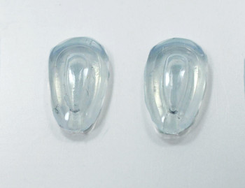 Air Pillow nose pads Premium grade soft silicone "Mono pad" mount nose pads size about 12mm long by 5mm wide and 2mm think Shape is Teardrop fit either side. The mount is formed metal that the nose pad is inserted into.  This nose pad is solid silicone, there is no hard insert.  Packaged and sold 10 pair bags.