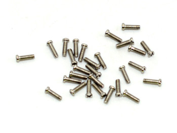 Screw small head – Phillips / X-Slotted; Thread M1.4 (1.4mm), Head 2.0mm diameter, Overall Length 4.0mm, Stainless Steel Finish: Silver also available a small quantity, about ten containers,  of this item uncoated in 100 count. This screw is typical on smaller frames also called “Eye wire” screws 