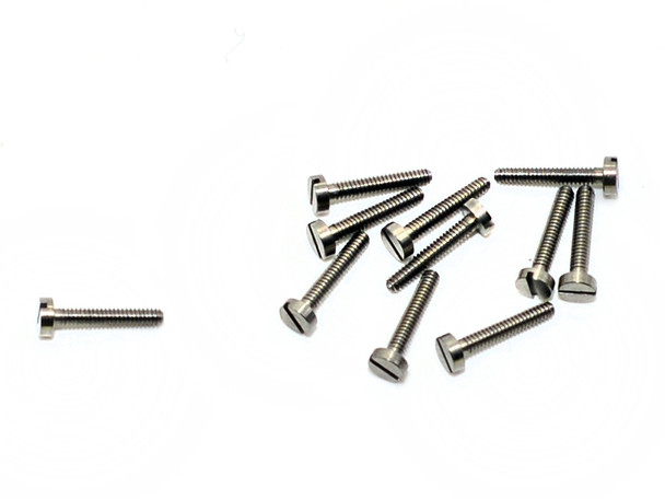 Premium Screw; Thread M1.4, Head diameter 2.5mm Overall length 9.0mm material stainless steel finish color is Silver.  This optical screw is typically a replacement hinge screw for a large frame.  Packaged in 100 count vial.