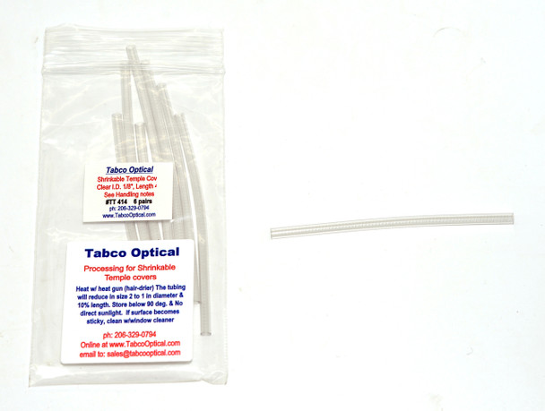 Temple Shrinkable Covers Clear 1/8" Core inside diameter before shrinking, Length 4" Long in 6 pairs in bags

Heat shrink tubing for temple or cable repairs. As heat is applied this specially selected material for use on Eyewear will reduce in size at least to half its original size (diameter). A great way to cover without replacing a worn, discolored or damaged temple tip. Sold in 6 pair packs Shrinkable Temple Covers Processing: Heat with a heat gun (hair dryer on high) the tubing will reduce in size 2 to 1 in diameter and 10% in length