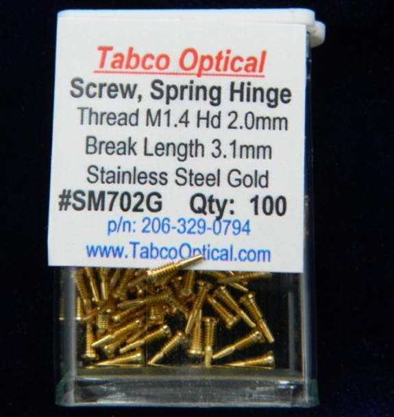 SM702 Self-Aligning Spring Hinge; 1.4mm Thread, 2.0mm Head, 3.1 Break Length, 6.1mm Overall Length, Stainless Steel  Gold, $18.50 per 100
Mix-N-Match Discount: Buy 3 or more vials of screws (fasteners) get 15% off buy 10 or more get 25% off 