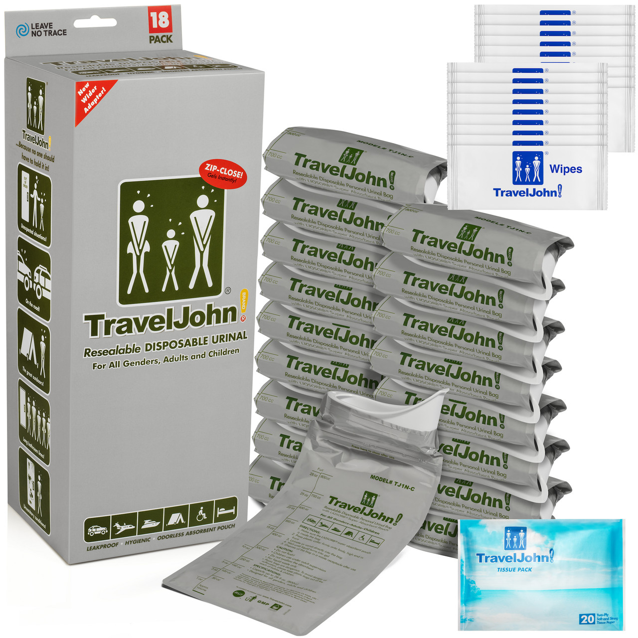 TravelJohn Resealable Disposable Urinal (TJ1N-C) - 18 Pack