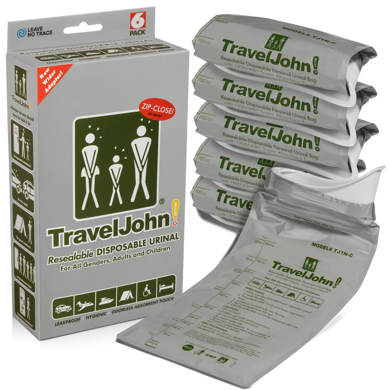 TravelJohn Resealable Disposable Urinal (TJ1N-C) - 6 Pack