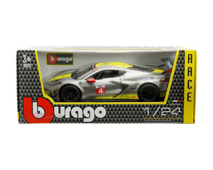 Bburago 1:24 2020 Chevrolet Corvette C8r Grey Metallic With Yellow Stripes Race Series- Diecast