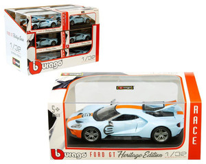Bburago 1:32 2019 Ford Gt Heritage Edition #9 (light Blue With Orange Stripe) In Plastic Showcase And Countertop Display- Diecast