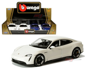 Bburago 1:24 Porsche Taycan Turbo S (white, Blue) Display Tray Set Of 4- Diecast