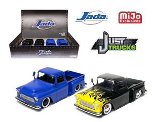 Jada 1:24 1955 Chevrolet Stepside Pickup Custom Just Trucks Mijo Exclusives Display Tray Set Of 4- Diecast Jada 1:24 1955 Chevrolet Stepside Pickup Custom Just Trucks Mijo Exclusives Display Tray Set Of 4- Diecast