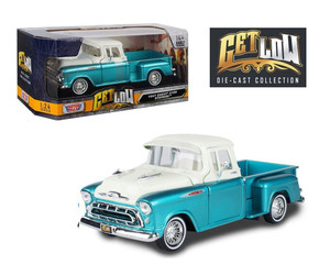 Motormax 1:24 1955 Chevrolet Stepside Lowrider Two-tone Turquoise/white Get Low- Diecast