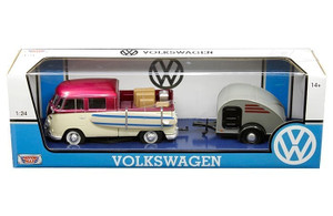 Motormax 1:24 Volkswagen T1 Pickup With Surfboard And Teardrop Trailer- Diecast Motormax 1:24 Volkswagen T1 Pickup With Surfboard And Teardrop Trailer- Diecast
