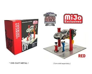 American Diorama 1:64 2 Post Lift With Mechanic Figure & Oil Drainer Red - Diecast