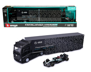 Bburago 1:43 Amg Petronas Mercedes-benz Actros Gigaspace And F1w15 #63 George Russell - Racing Hauler - Diecast