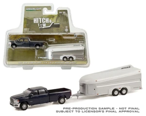 Greenlight 1:64 2021 Ram 3500 Laramie Crew Cab In Maximum Steel Metallic Clear With Aerovault Mkii Trailer - Diecast