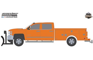 Greenlight 1:64 Dually Drivers Series 6 - 2018 Chevrolet Silverado 3500 Dually Service Bed - Tangier Orange With Snow Plow Solid Pack - Diecast