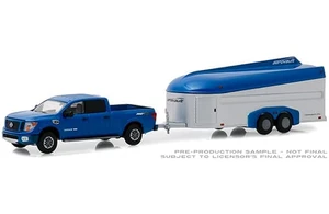 Greenlight 1:64 Hitch & Tow Series 17 - 2018 Nissan Titan Xd Pro-4x And Aerovault Mkii Trailer (blue, Blue/grey) - Diecast