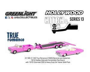 Greenlight 1:64 Hollywood Hitch & Tow - True Romance 1974 Cadillac Eldorado W/1972 Chevrolet C30 - Pink - Diecast