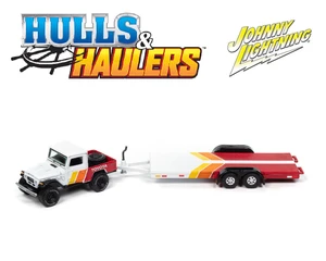 Johnny Lightning 1:64 Hulls & Haulers 1980 Toyota Land Cruiser W/open Car Trailer - White - Diecast