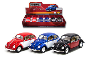 Kinsmart 1:24 1967 Volkswagen Beetle Solid Panel 2 Tone Colors 7" - Display Tray Box Of 6 - Diecast