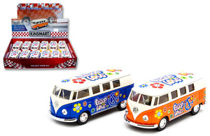 Kinsmart 1:32 1962 Volkswagen Classic Bus With Flowers - Display Tray Set Of 12 - Diecast