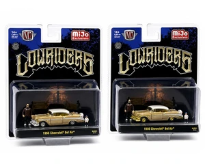 M2 Machines 1:64 Diorama Series 1956 Chevrolet Bel Air Lowriders With 2 Dad & Son Figures - Beige Gold - Mijo Exclusives - Diecast