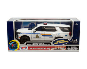 Motormax 1:24 2025 Chevrolet Tahoe Ppv Royal Canadian Mounted Police With Light And Sound - White With Tri-color Lightbar - Law Enforcement And Public Service - Diecast