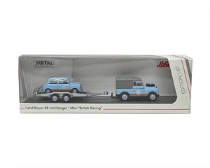 Schuco 1:87 Land Rover Defender With Mini British Racing On Trailer - Light Blue - Diecast