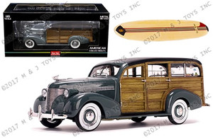 Sunstar 1:18 American Collectibles - 1939 Chevrolet Woody Surf Wagon With Surfboard - Diecast