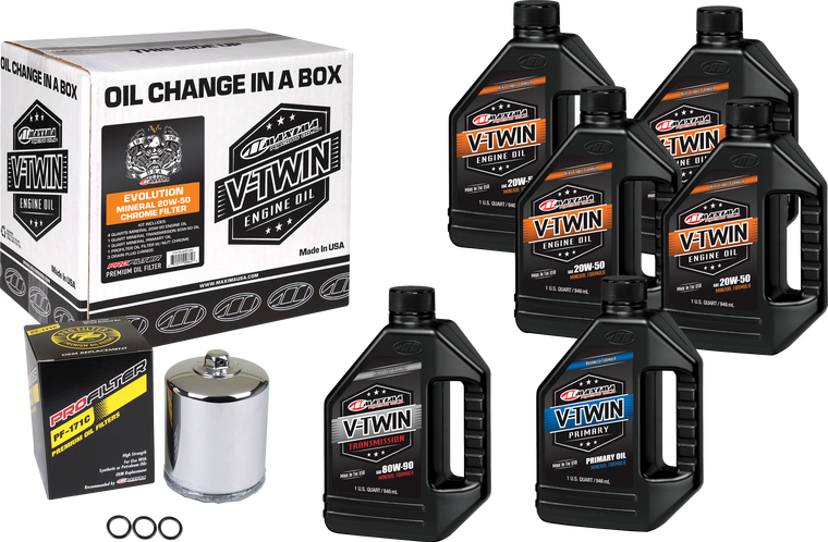 Maxima - V-twin Oil Change Kit Mineral Evo  Chrome Filter - 90-069016PC