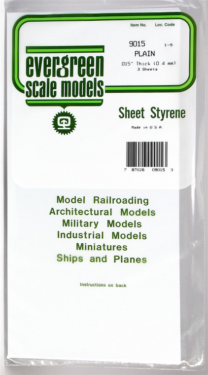 Evergreen Scale - .015 Plain Sheets 6'x12' 3pk - 9015