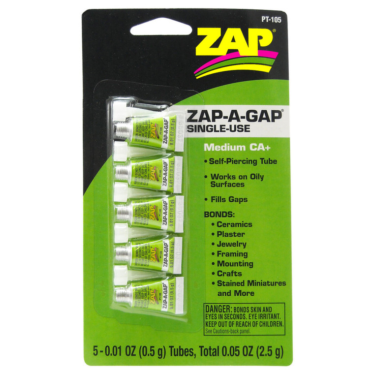 ZAP Glue - Zap-a-gap Single Use Tubes, 5 X 1/2 G, Carded - PT105