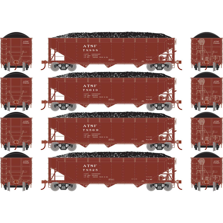 Athearn - Ho 40' Offset Coal Hopper W/load, Atsf #1 (4) - 33078