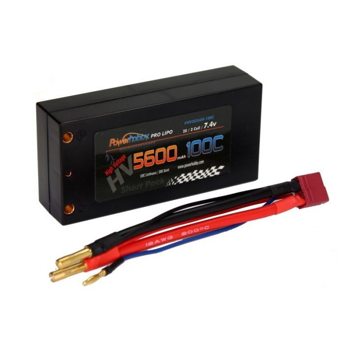 Power Hobby - 2S 7.4C 5600MAH 100C HV Shorty Lipo w/ 4mm Bullet Connectors - 2S5600100CSHHV