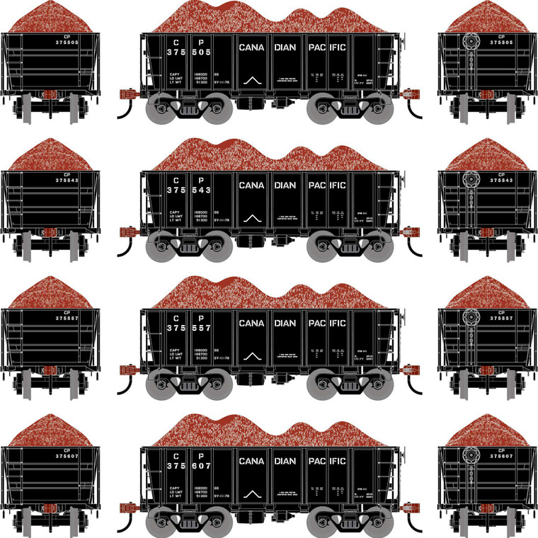 Athearn - HO ATH 26' PC&F Ore Car Tight-Bottom Low Side w/Load, CP #375505/375543/375571/375607 (4) - -1702